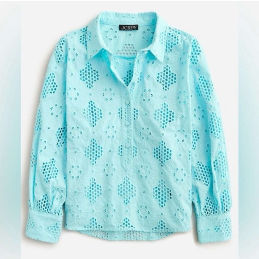 NWT J.Crew Women’s Blue Eyelet Long Sleeve Popover Top Size Medium